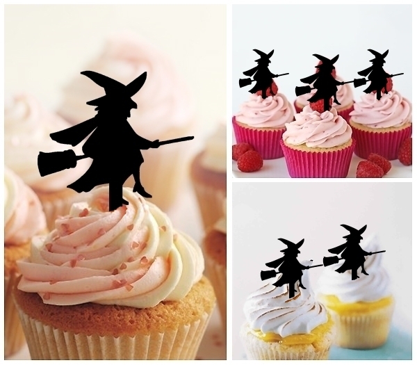 Acrylic Toppers Halloween Witch on Broomstick Design