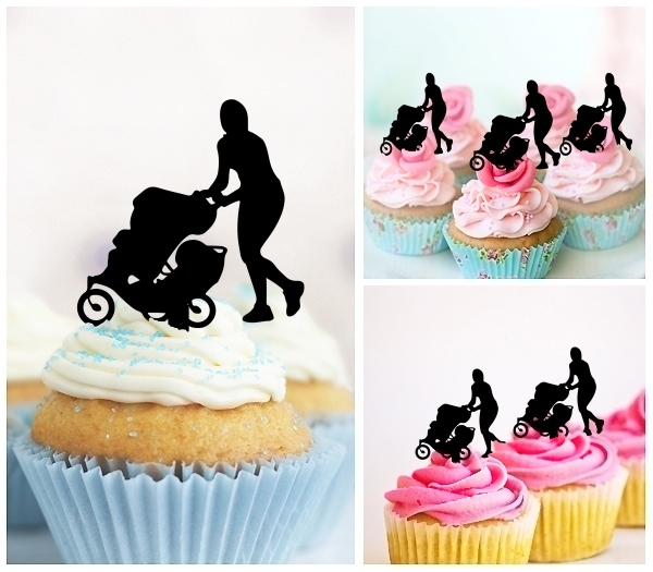 Laser Cut Mom Baby Stroller cupcake topper