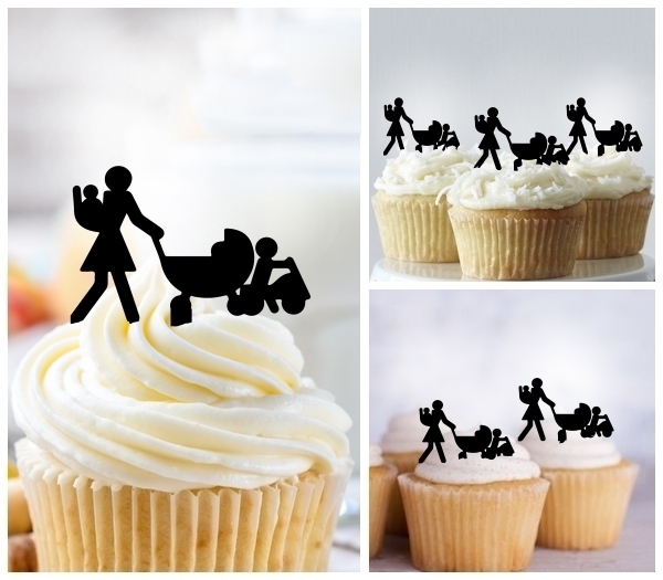 Laser Cut Mother Walking With Three Babies cupcake topper